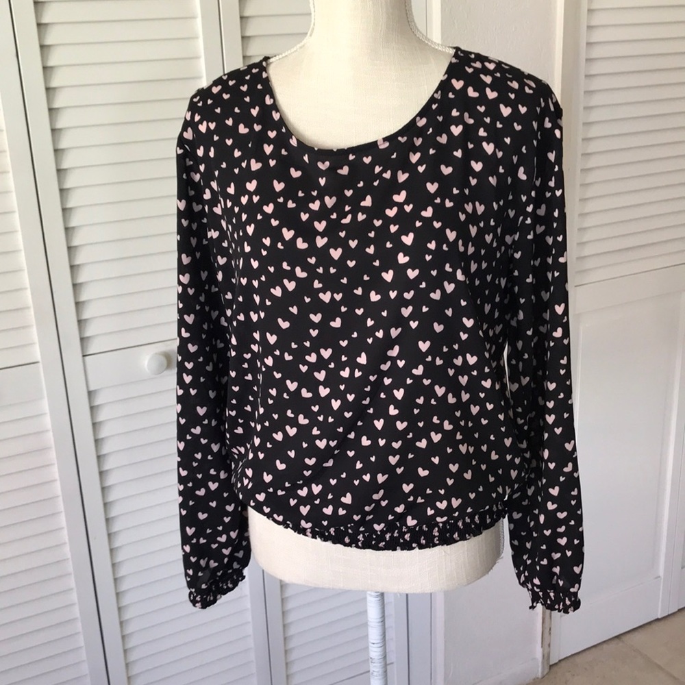 Divided H & M black blouse with pink hearts print size 10 excellent condition